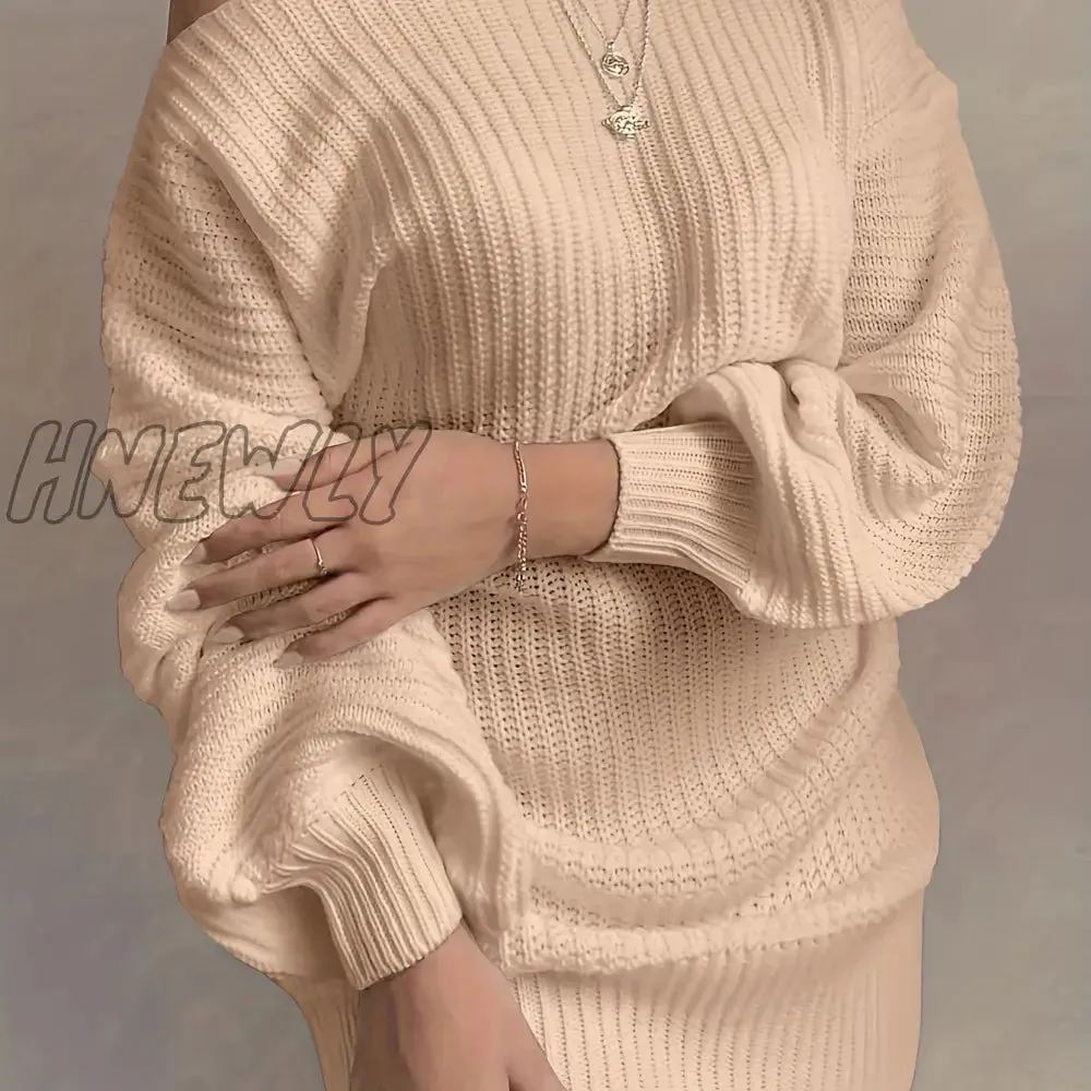 Hnewly Solid Off Shoulder Knitted Dress, Casual Long Sleeve Sweater Dress For Fall & Winter, Women's Clothing