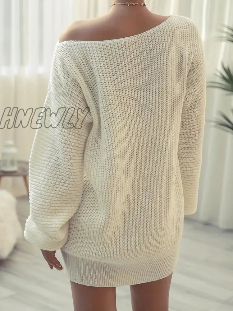 Hnewly Solid Off Shoulder Knitted Dress, Casual Long Sleeve Sweater Dress For Fall & Winter, Women's Clothing