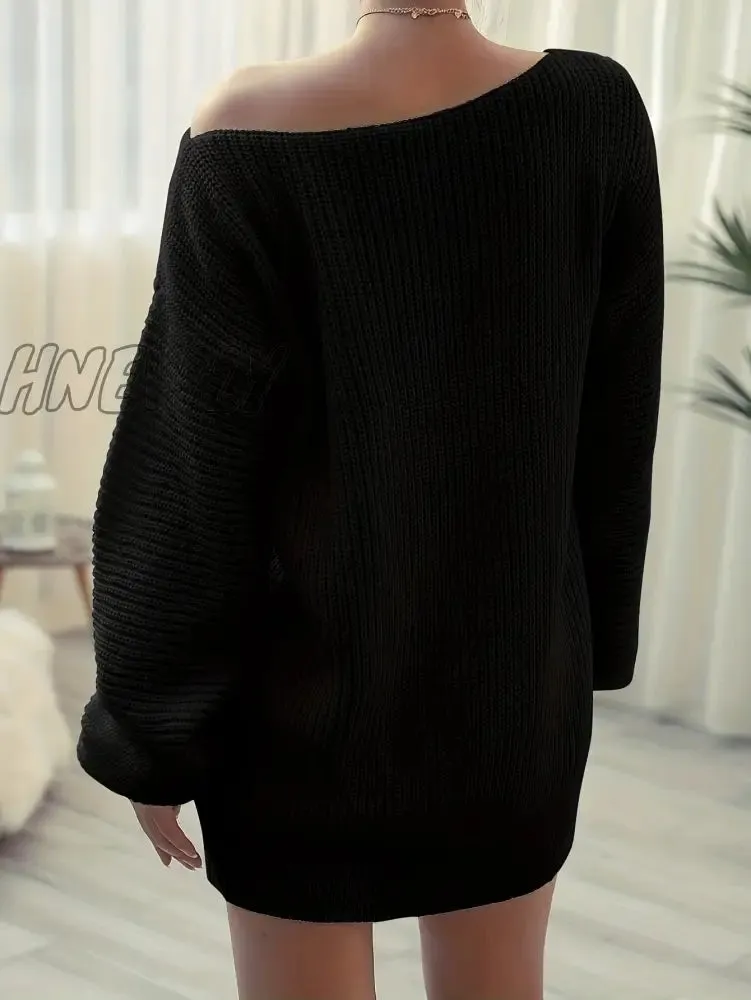 Hnewly Solid Off Shoulder Knitted Dress, Casual Long Sleeve Sweater Dress For Fall & Winter, Women's Clothing