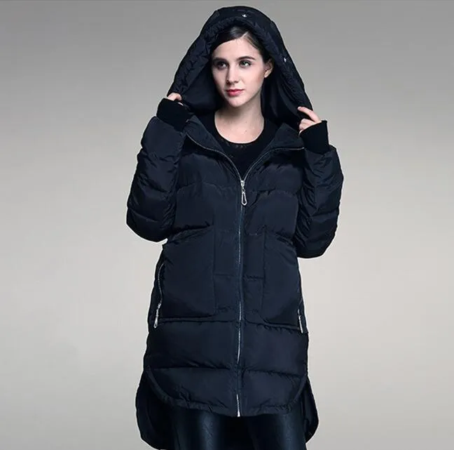 Hooded Loose Women Down Coat Winter 90% Duck Down Jackets With Large Pockets