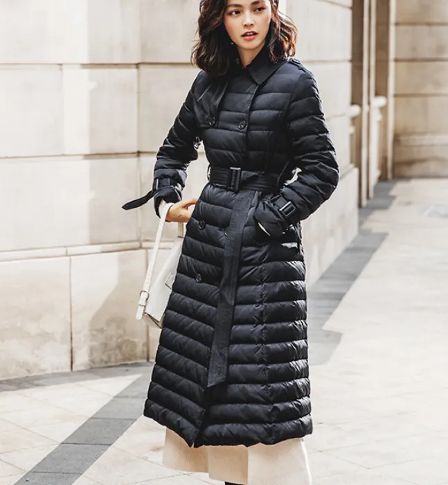 Hooded Puffer Coat Waist Belt Casual Long Winter Women Down Jacket 65002