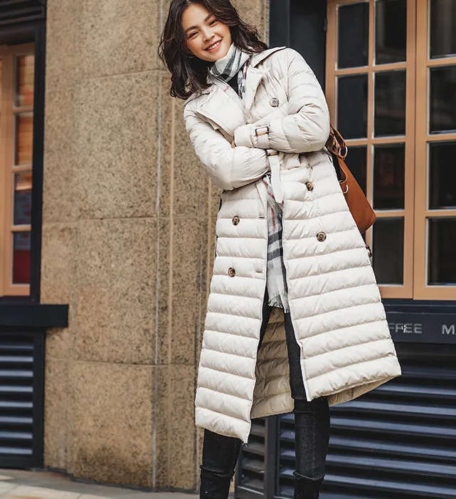 Hooded Puffer Coat Waist Belt Casual Long Winter Women Down Jacket 65002