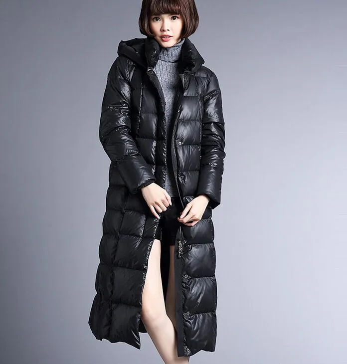 Hooded Slit Women Winter Light Weight Duck Down Jackets Long Warm Women Down Coat/2002