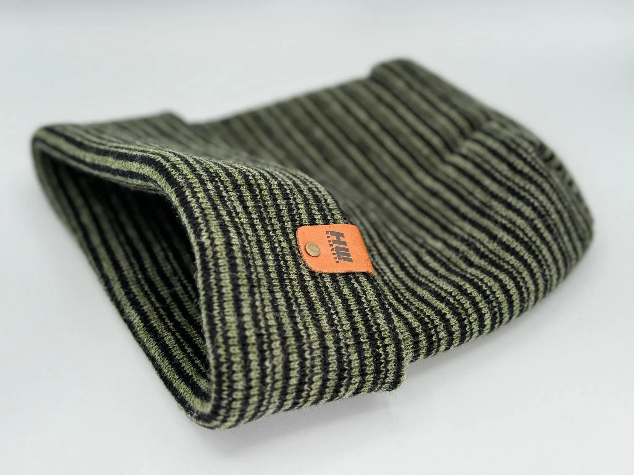 HW6101 HW Modern Theta Stitch Contrast Cuffed Beanie (Patent Pending Design) Green/Black, Made in USA