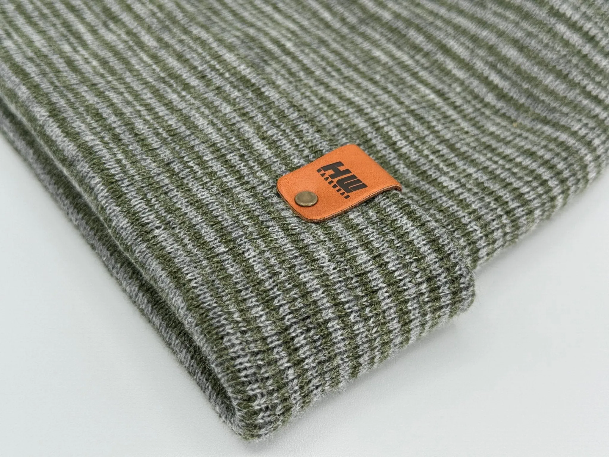 HW6101 Modern Theta Stitch Contrast Cuffed Beanie (Patent Pending Design)-Gray/Green, Made in USA