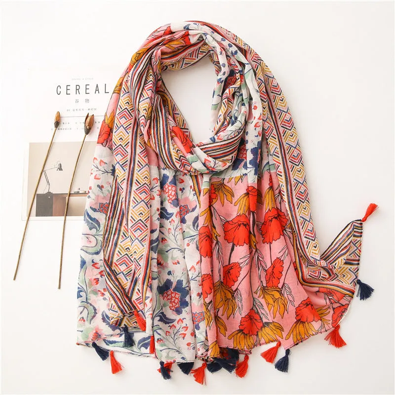 Japanese Literary and Artistic Fresh Cotton and Linen Scarf Retro Patchwork Bohemian Cashew Print Silk Scarf Beautiful Sunscreen Scarf