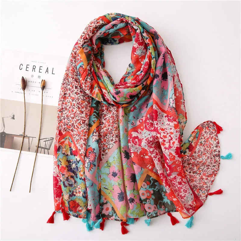 Japanese Literary and Artistic Fresh Cotton and Linen Scarf Retro Patchwork Bohemian Cashew Print Silk Scarf Beautiful Sunscreen Scarf