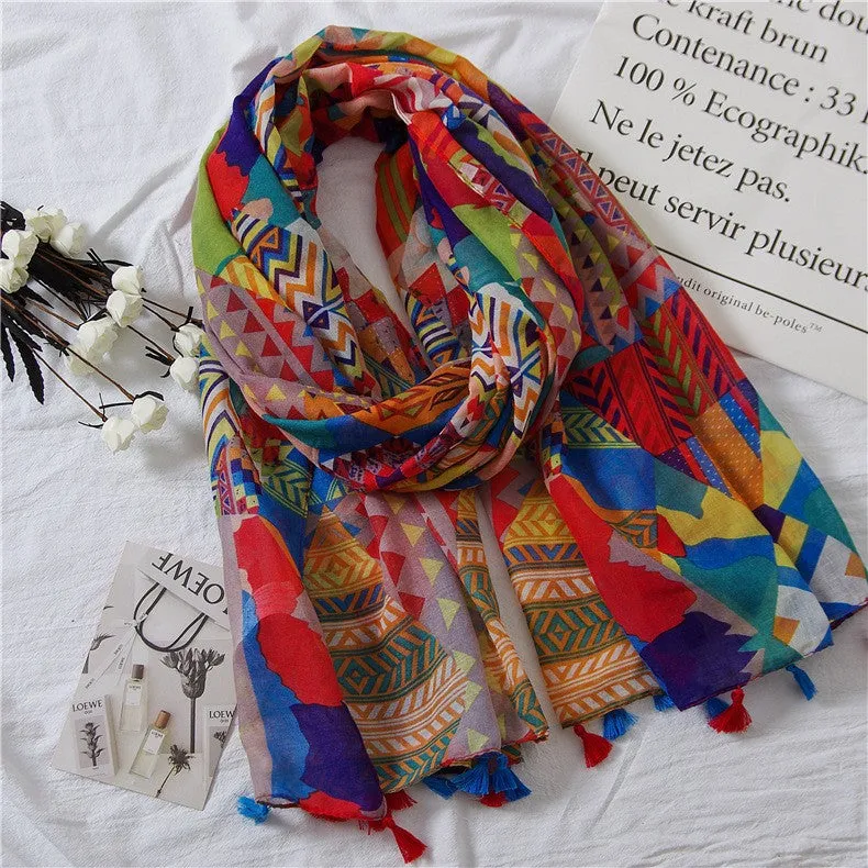 Japanese Literary and Artistic Fresh Cotton and Linen Scarf Retro Patchwork Bohemian Cashew Print Silk Scarf Beautiful Sunscreen Scarf