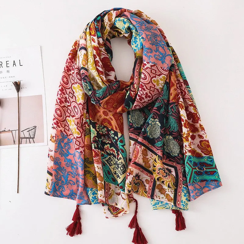 Japanese Literary and Artistic Fresh Cotton and Linen Scarf Retro Patchwork Bohemian Cashew Print Silk Scarf Beautiful Sunscreen Scarf