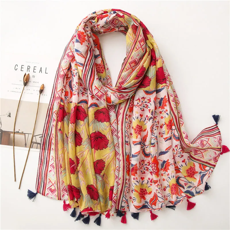 Japanese Literary and Artistic Fresh Cotton and Linen Scarf Retro Patchwork Bohemian Cashew Print Silk Scarf Beautiful Sunscreen Scarf