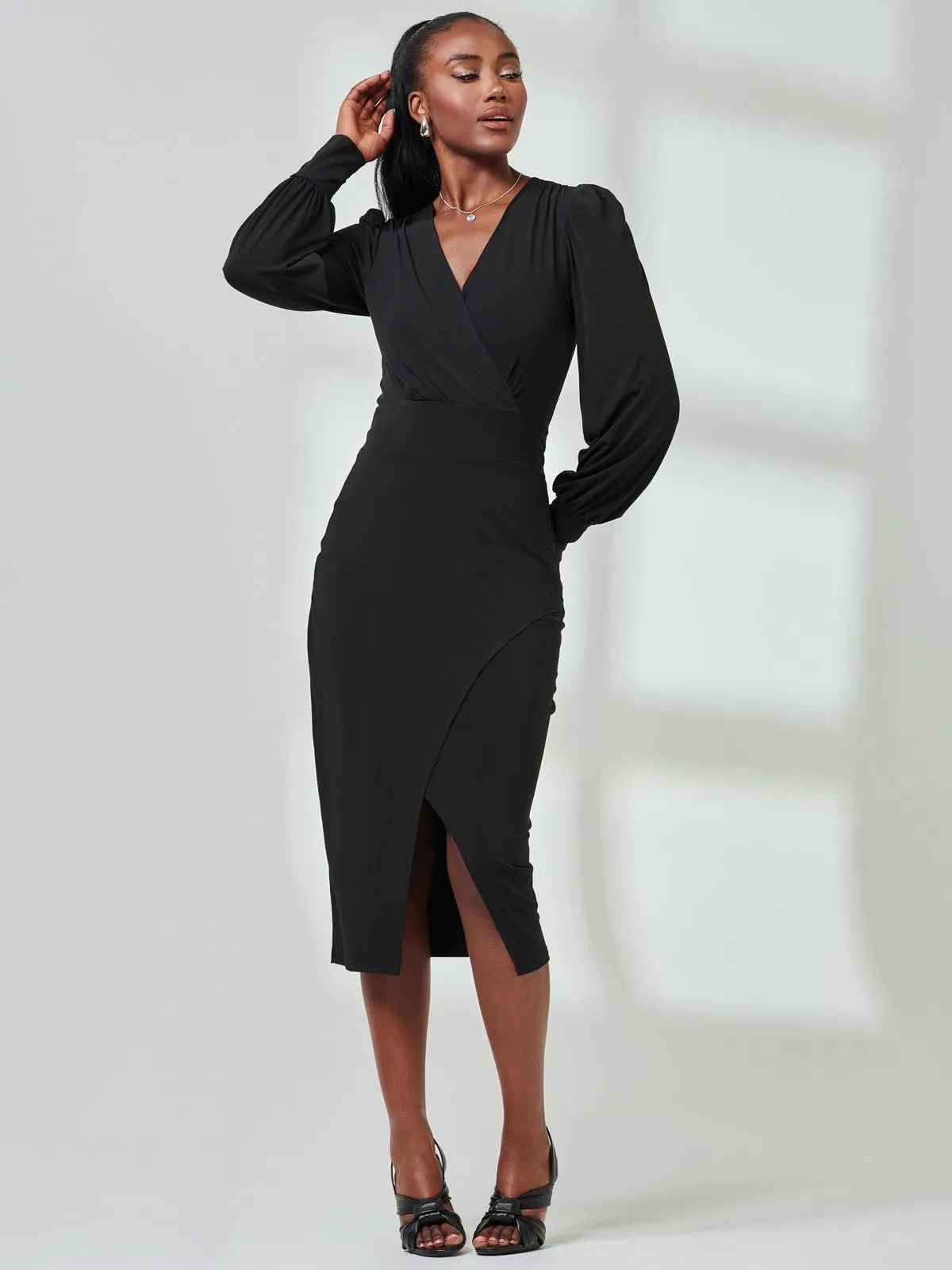 Jersey Wrap Slit Pencil Dress, Black