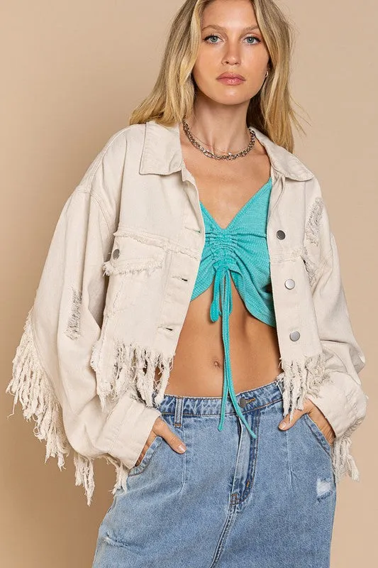 Jessie  Fringe-Detailed Cropped Denim Jacket