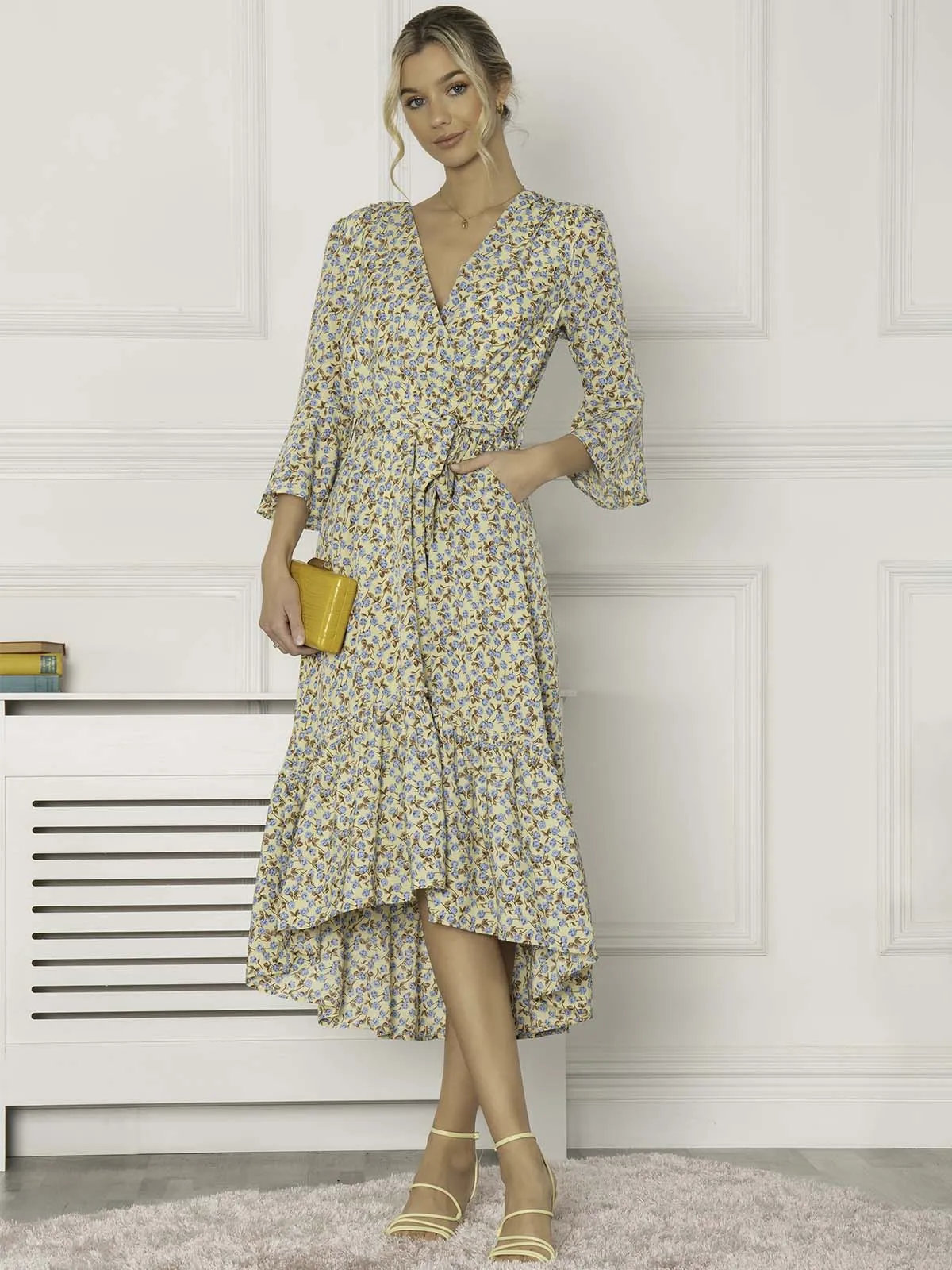 Jolie Moi Geelan Tiered Hem Maxi Dress, Yellow Floral