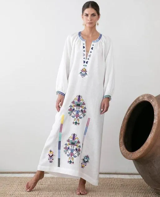 KALYMNOS EMBROIDERED LONG KAFTAN DRESS