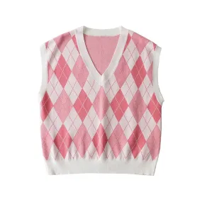 Knitted Vest Contrast Color Diamond Loose Sweater Vest