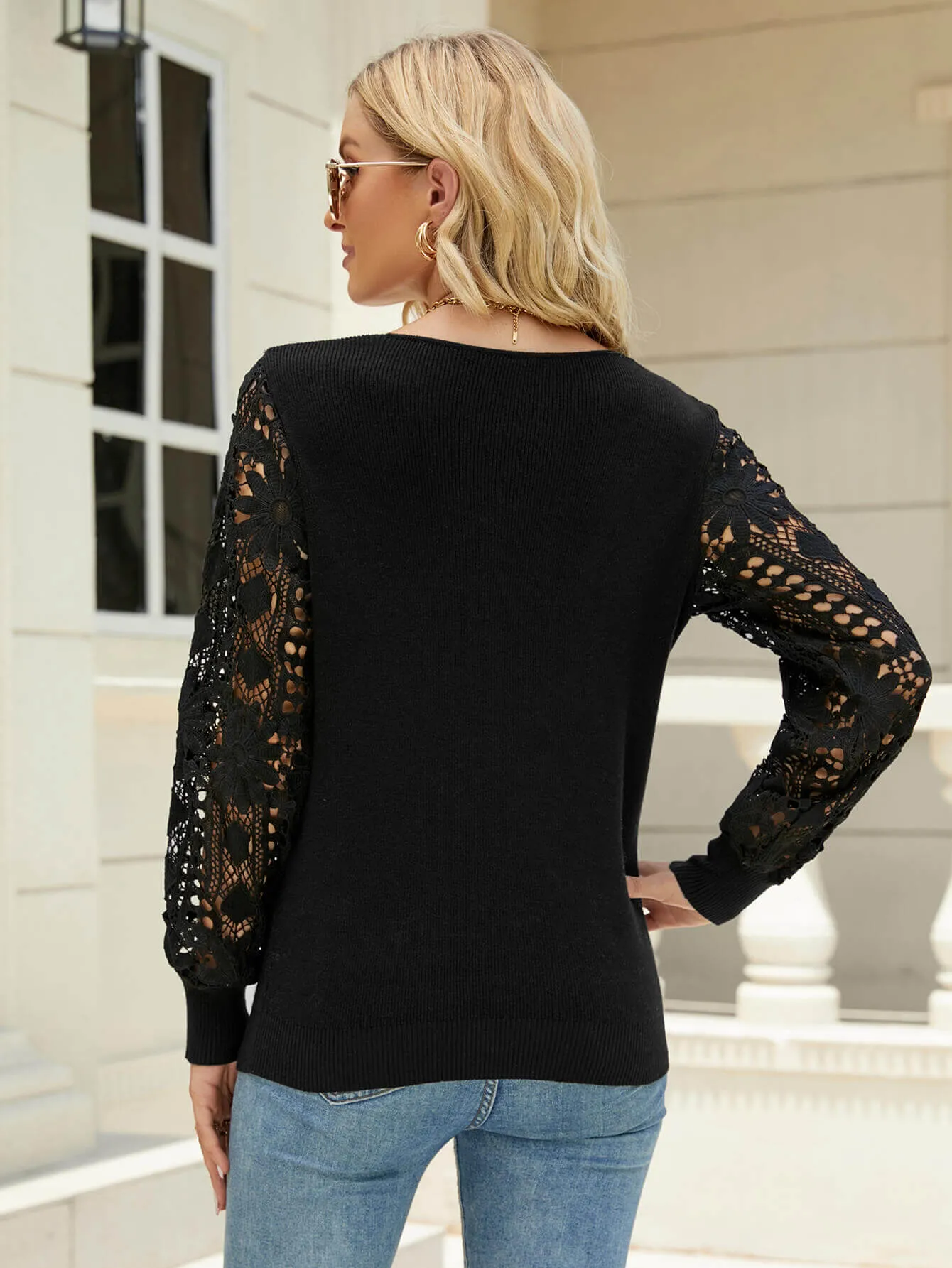 Lace Sleeve Ribbed Trim V-Neck Sweater