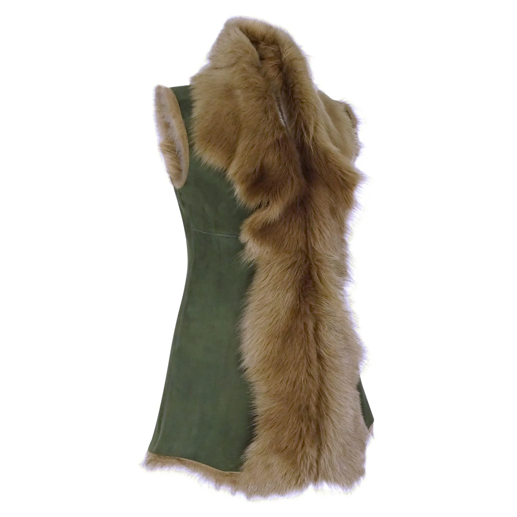 Ladies Women Real Spanish Shearling Sheepskin Toscana Olive Long Waistcoat Gilet