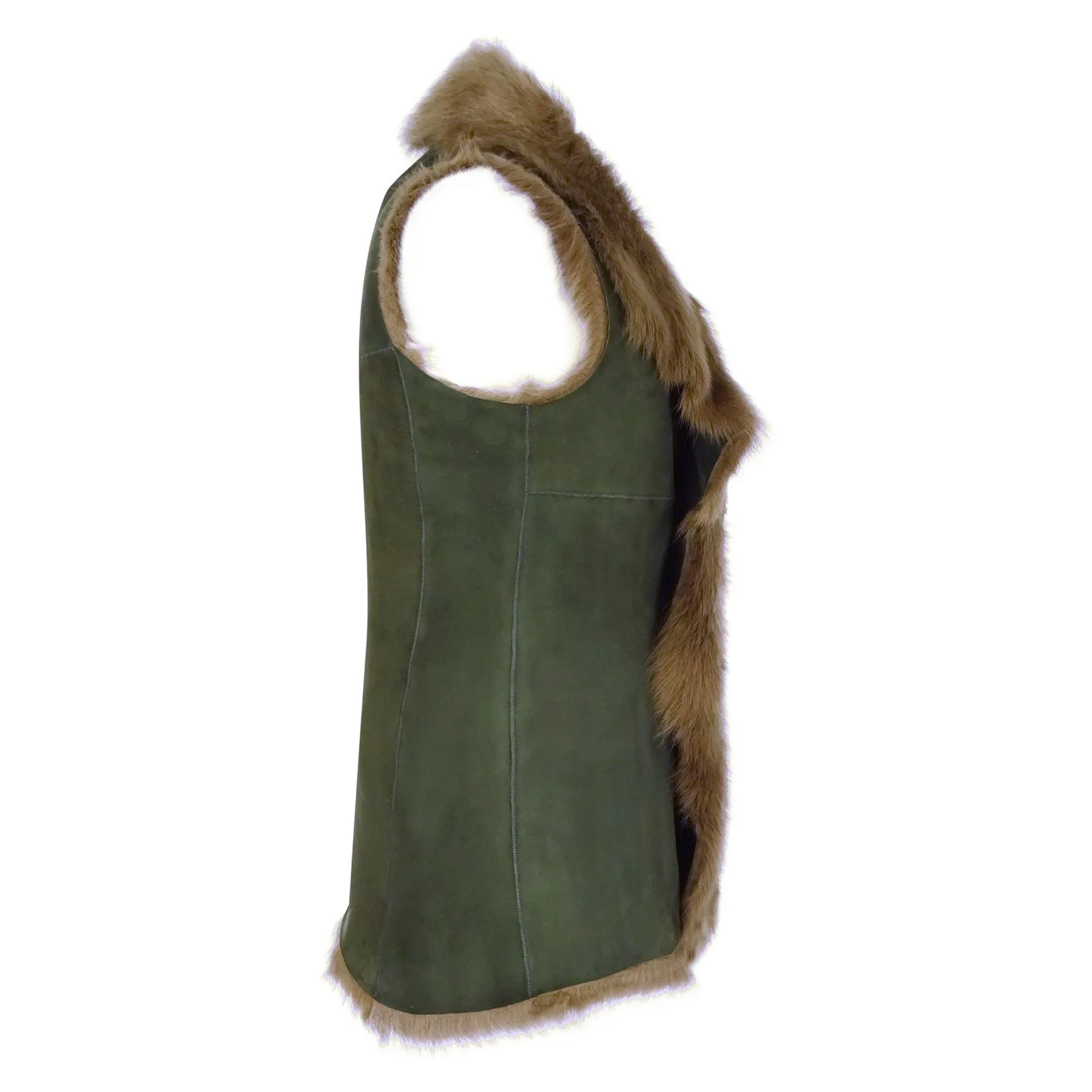 Ladies Women Real Spanish Shearling Sheepskin Toscana Olive Long Waistcoat Gilet