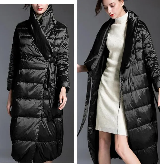 Large Collar Long Women Down Coat Winter Loose 90% Hooded Duck Down Jackets