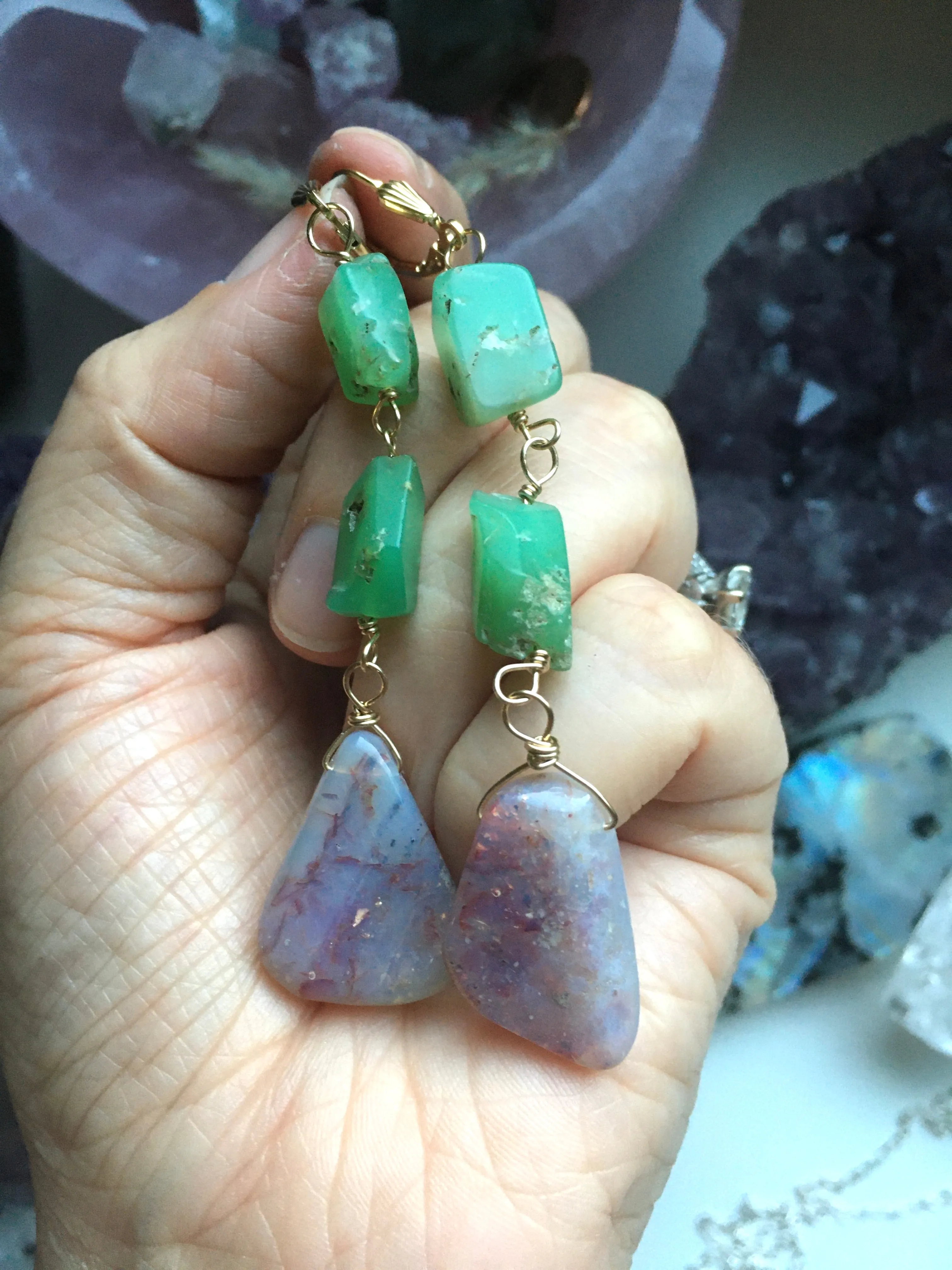 Large Opal Dangle  Earrings with Chrysoprase Gold Filled