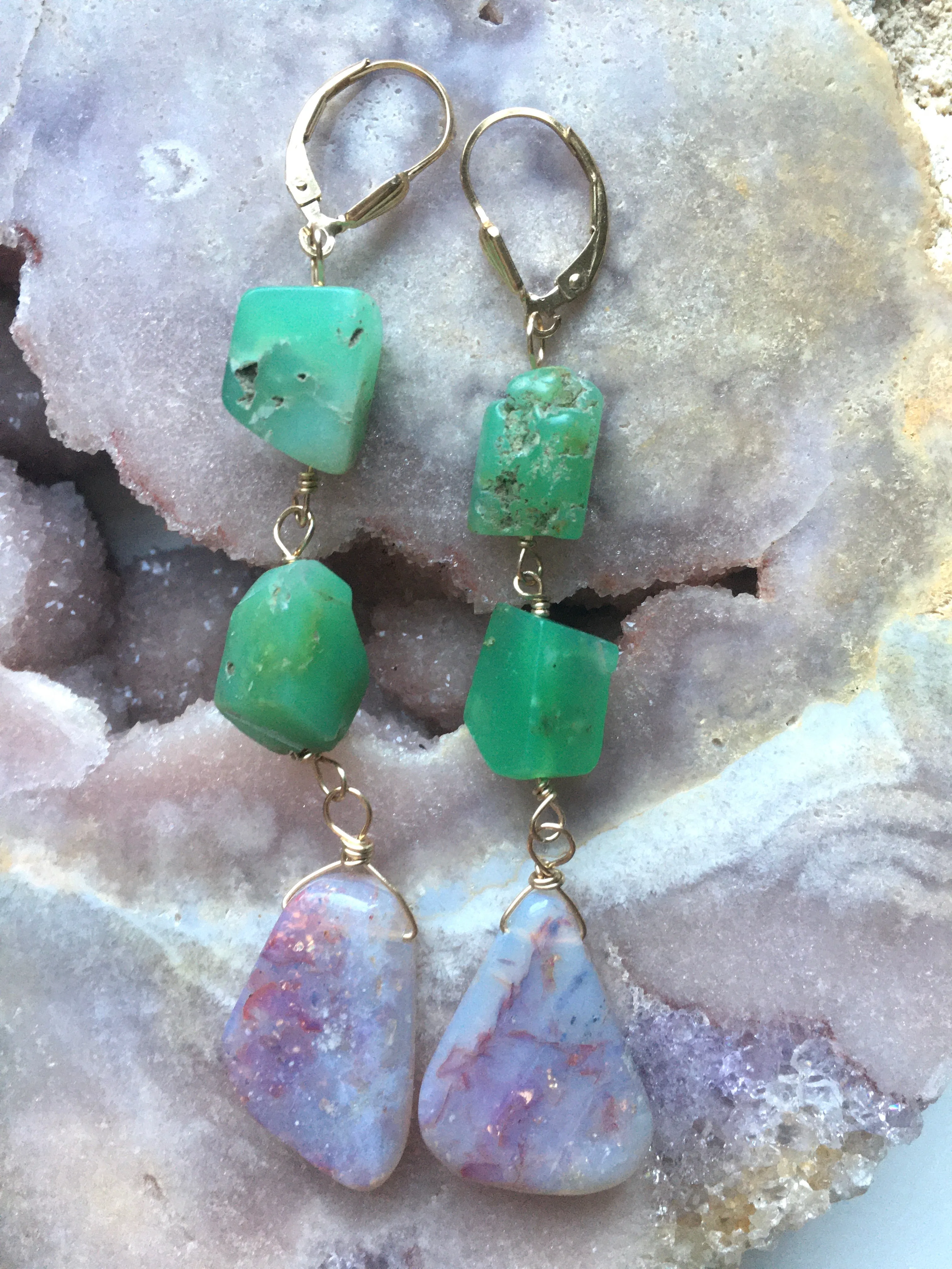 Large Opal Dangle  Earrings with Chrysoprase Gold Filled