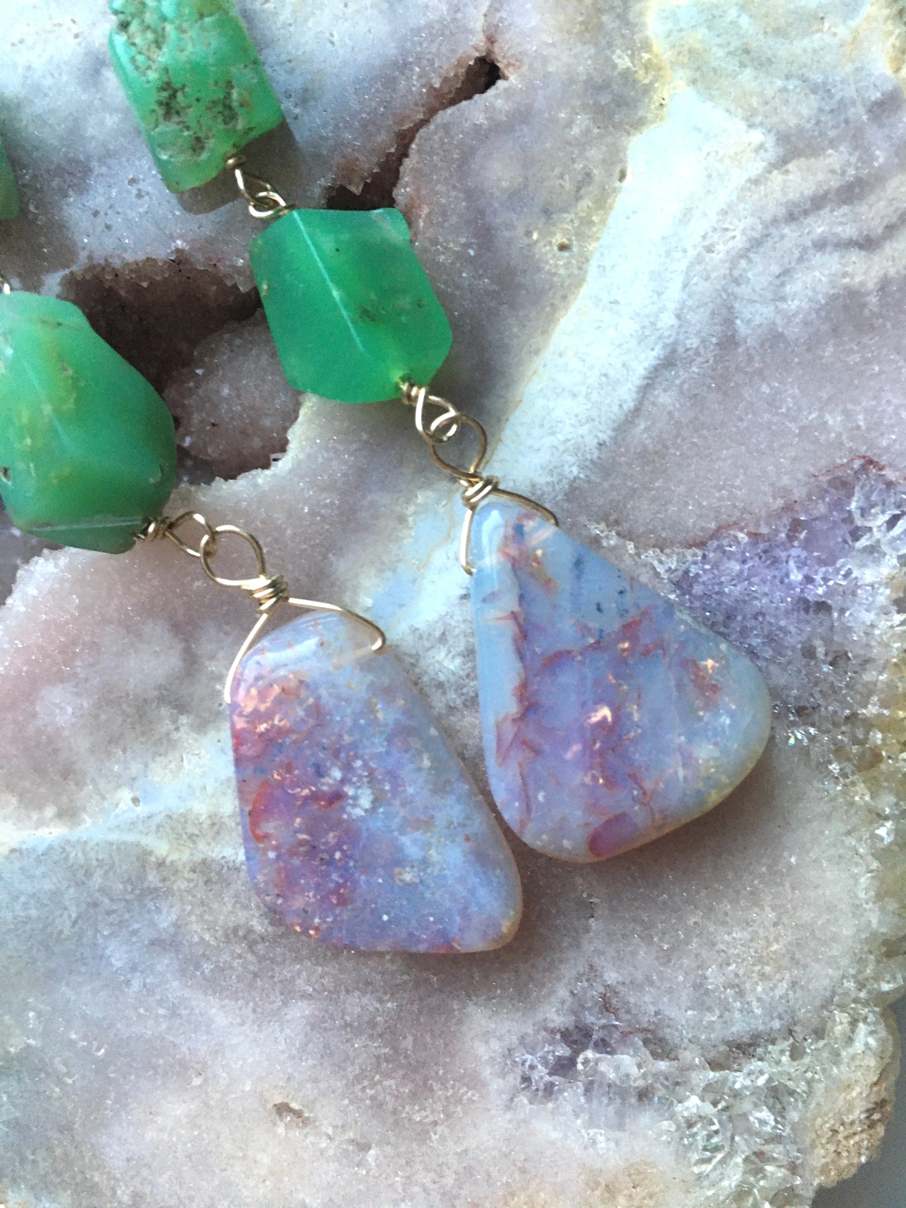 Large Opal Dangle  Earrings with Chrysoprase Gold Filled