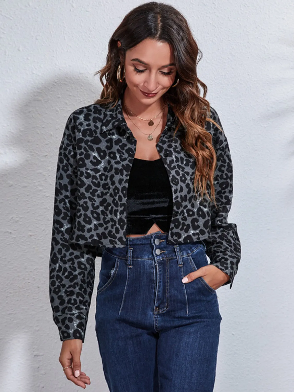 Leopard Button Up Collared Neck Cropped Jacket