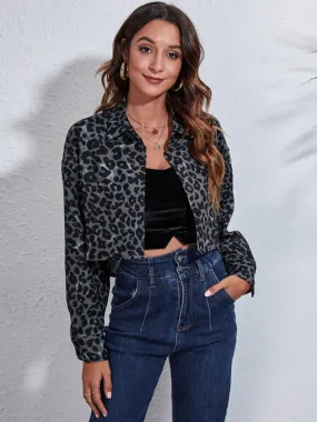 Leopard Button Up Collared Neck Cropped Jacket