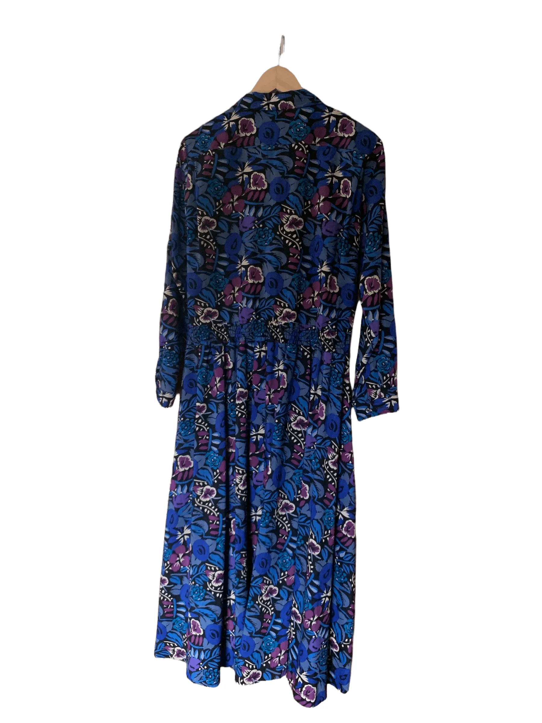 Liberty 100% Wool Shirt Dress Long Sleeve Blue Floral UK Size Medium