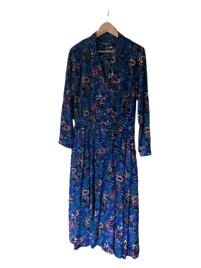 Liberty 100% Wool Shirt Dress Long Sleeve Blue Floral UK Size Medium