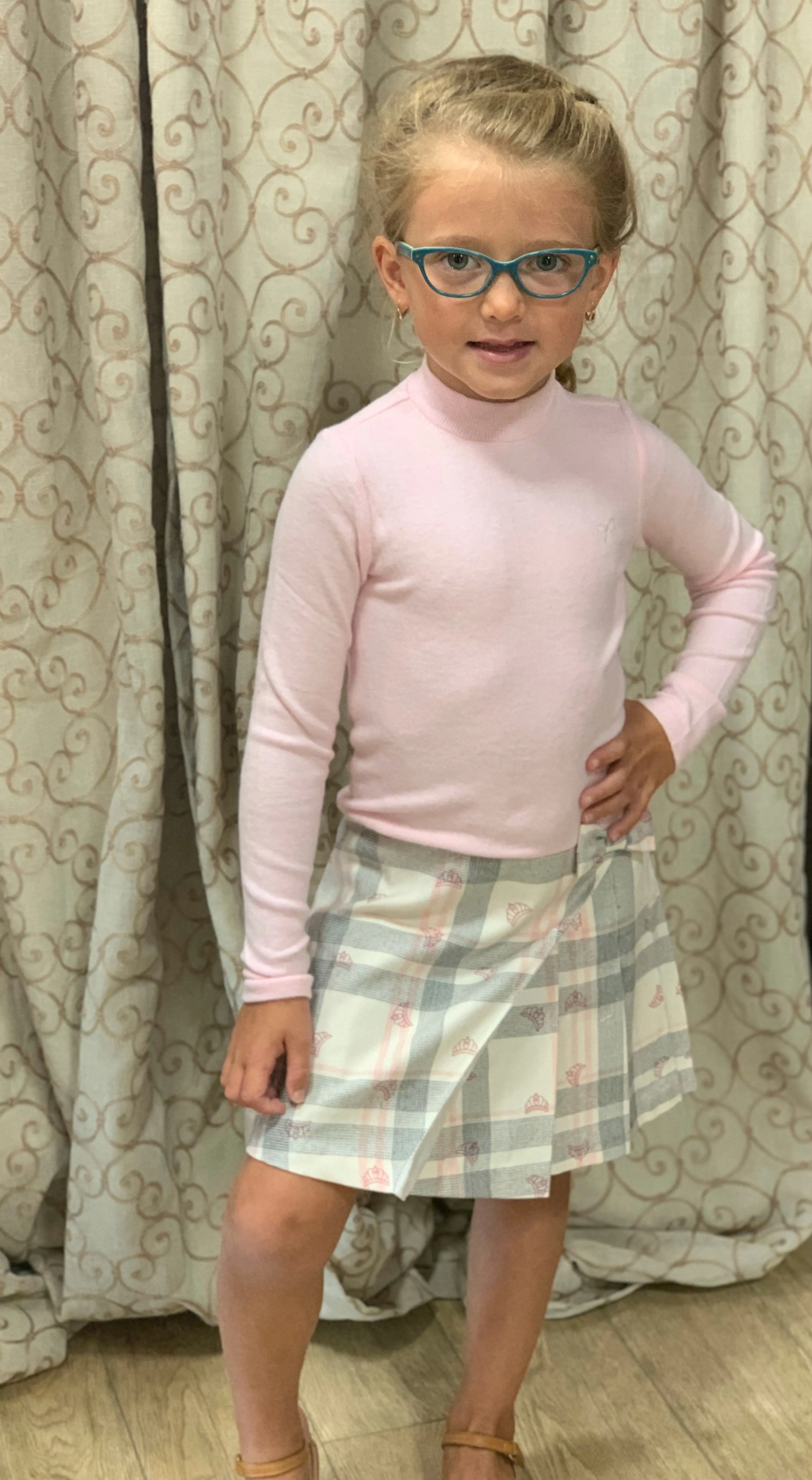 Lili Gaufrette Girls Pink Plaid Long Sleeve Dress