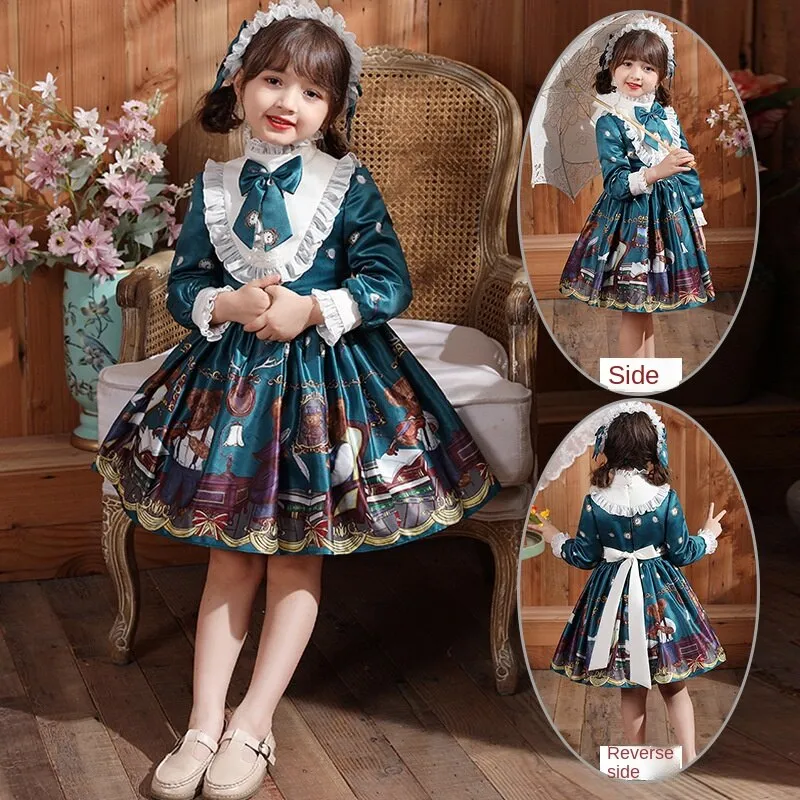 Lolita Children's Princess Dress Fashionable Fleece-Lined Christmas Dress Cartoon Long Sleeve Girls' Dress