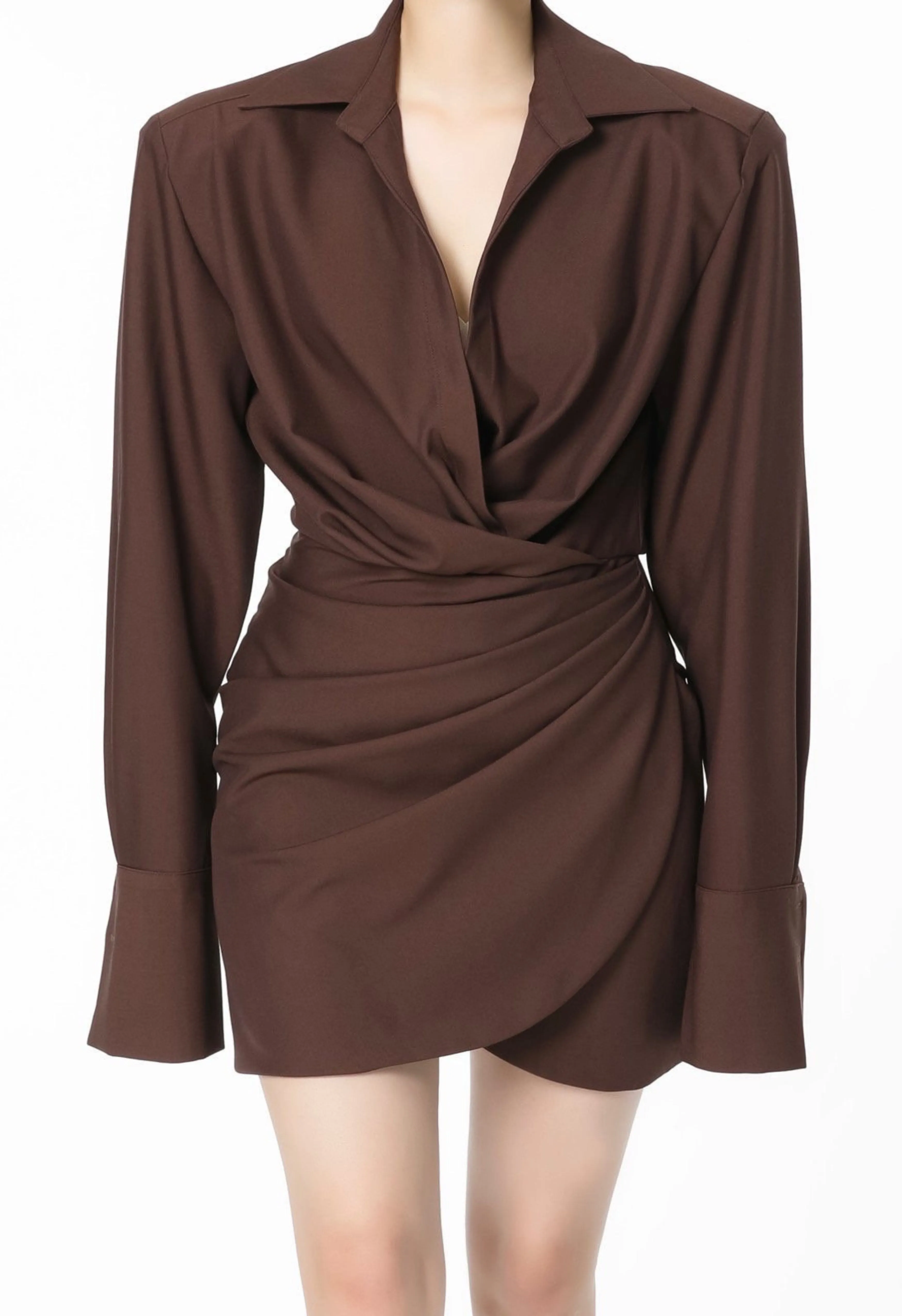 Long Sleeve Deep V Dress in Brown