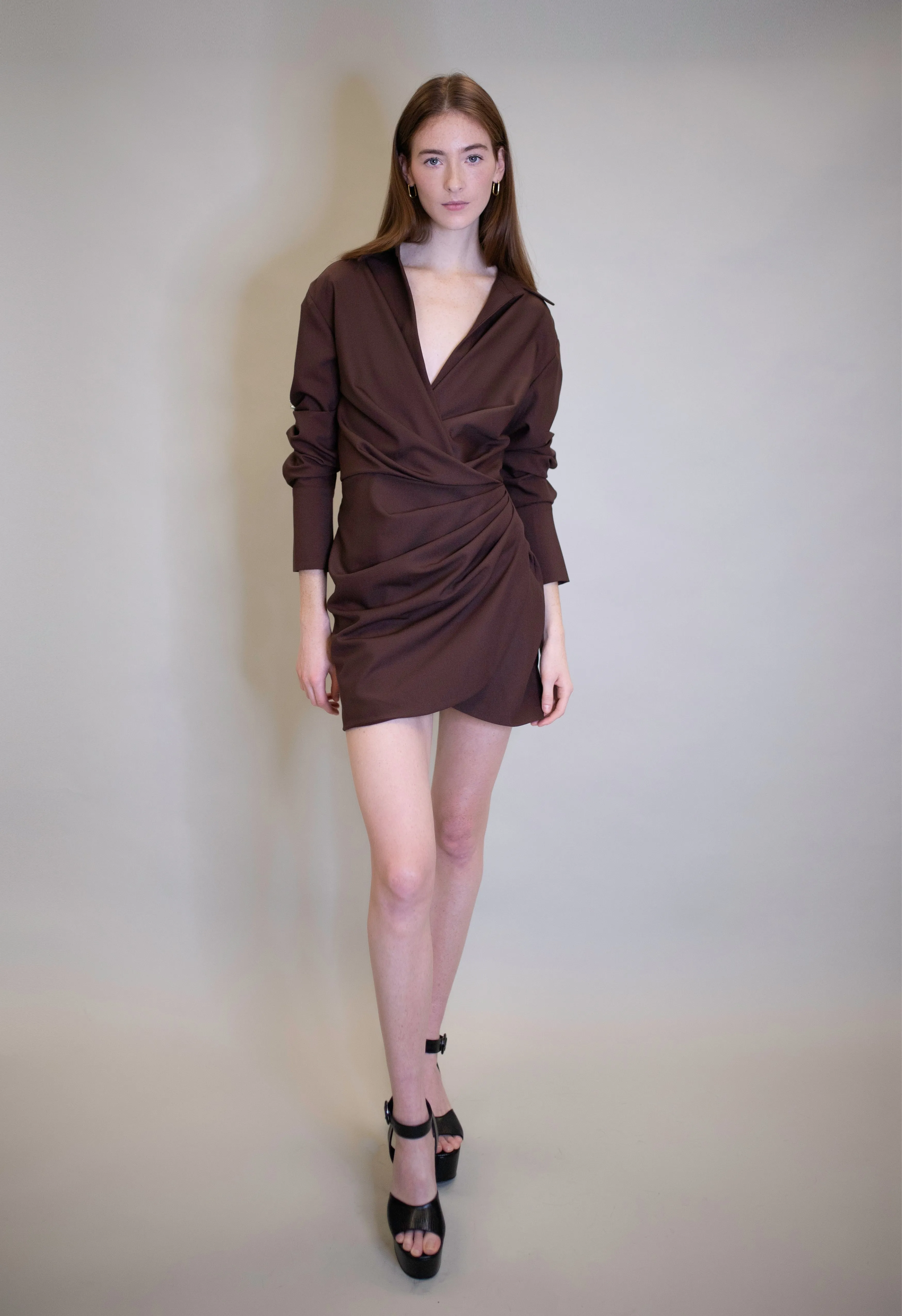 Long Sleeve Deep V Dress in Brown