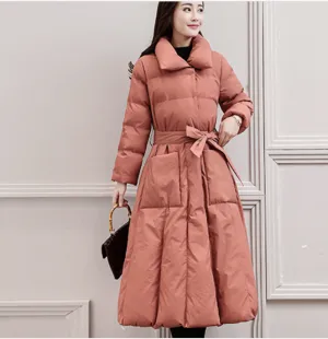 Long Winter Puffer Coat Thick Winter Waist Belt Women Down Coats 30214