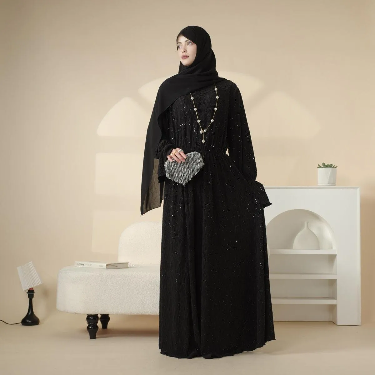 MA038 Pleated Sparkle Abaya Dress