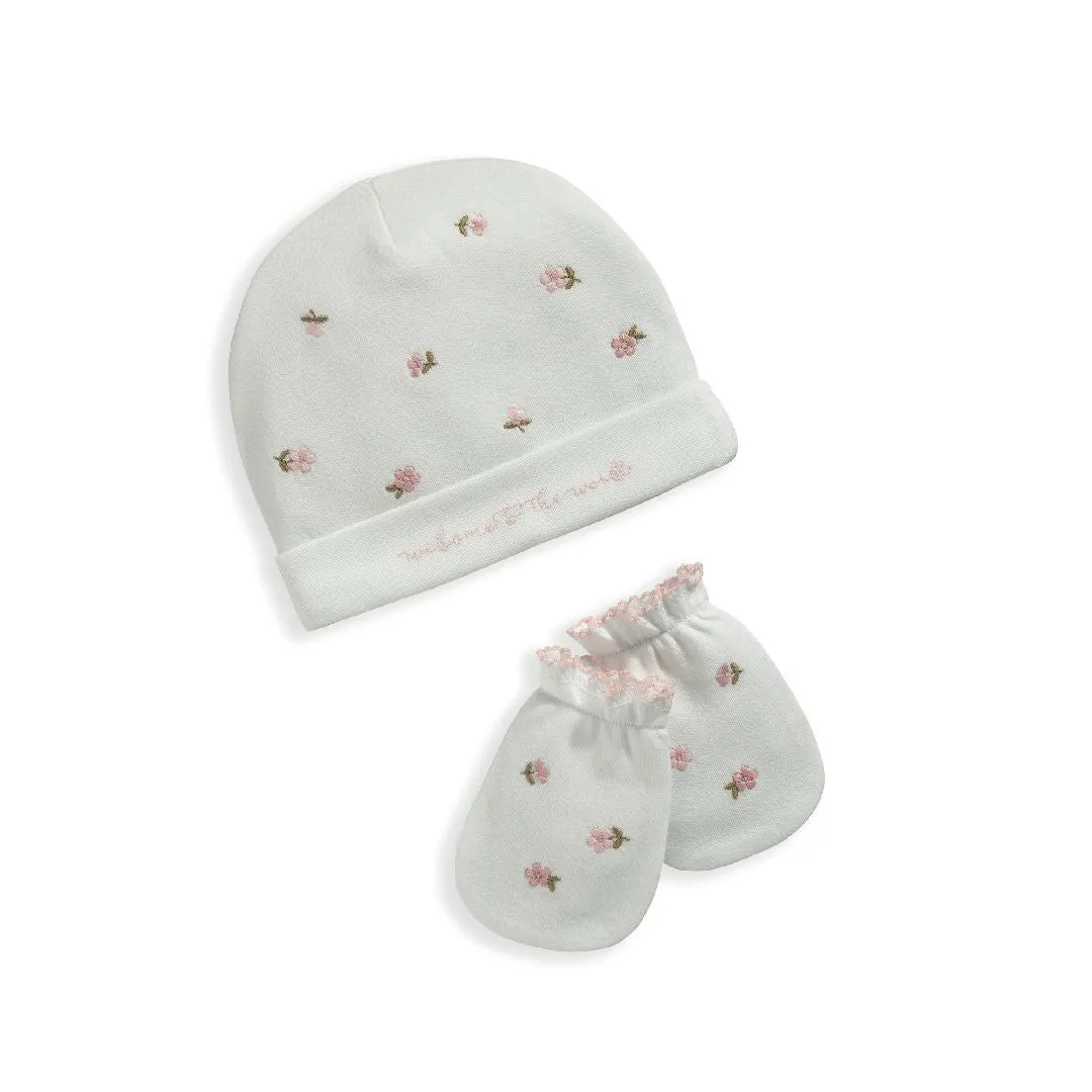 Mamas and Papas Floral Embroidered Hat & Mittens Set