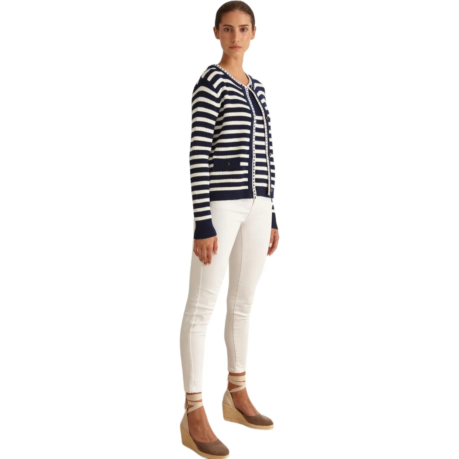 Marina V Striped Knit Cardigan Navy