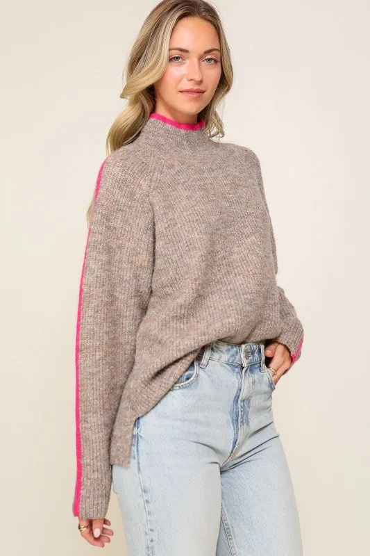 Marled Brown Raglan Sleeve Funnel Neck Sweater