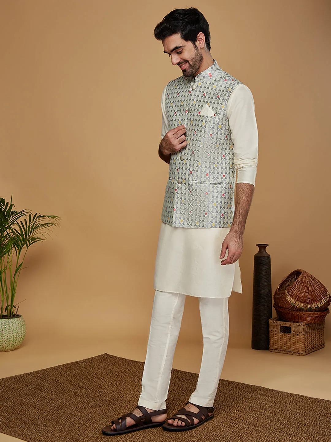 Men Grey Kurta Jacket Trouser Set