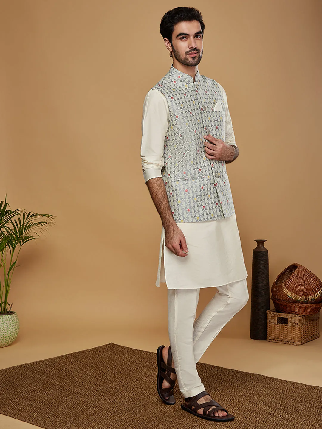 Men Grey Kurta Jacket Trouser Set