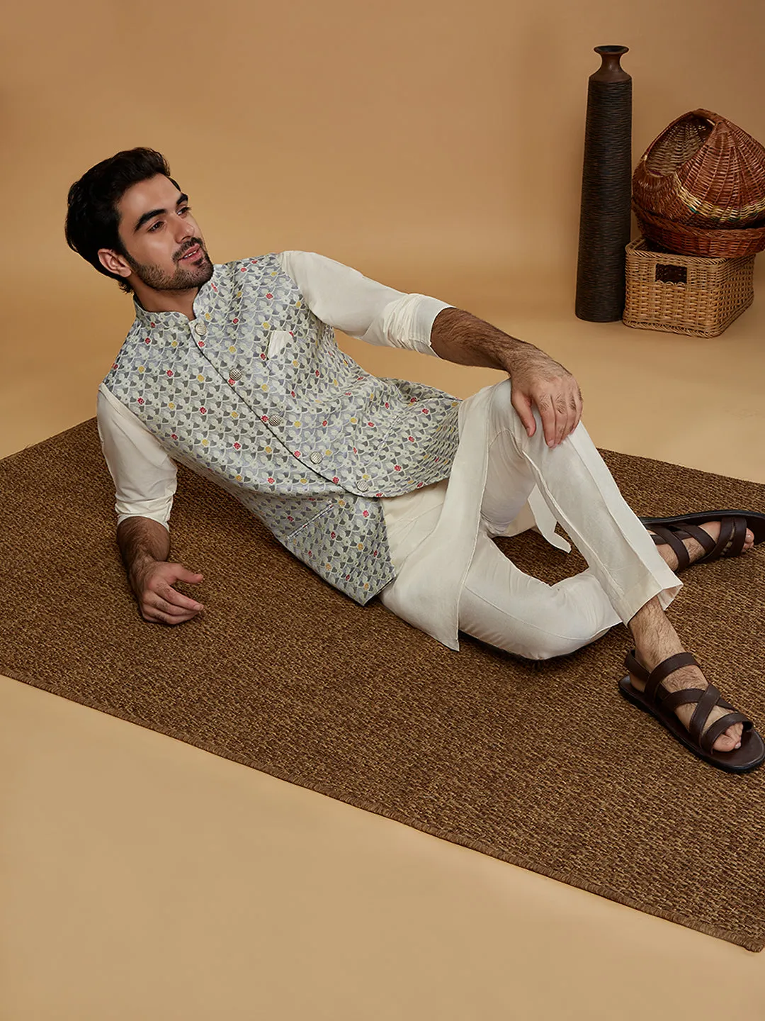 Men Grey Kurta Jacket Trouser Set