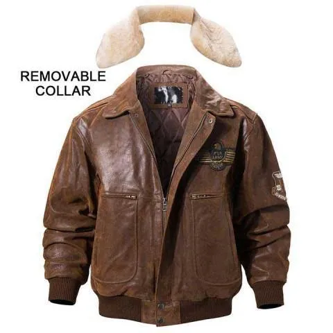 Men's Brown Lambskin Leather Bomber Jacket with Removable Shearling Collar