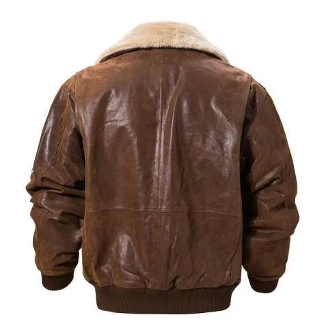 Men's Brown Lambskin Leather Bomber Jacket with Removable Shearling Collar