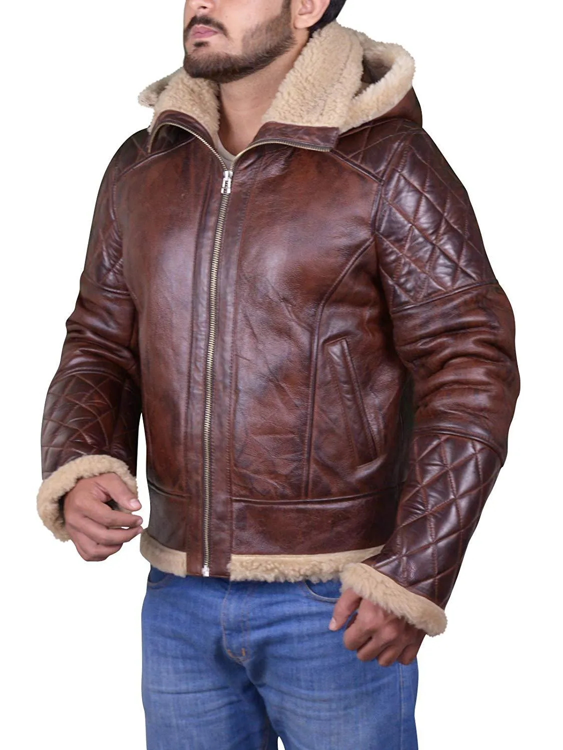 Men's Brown Leather Shearling Jacket with Hood