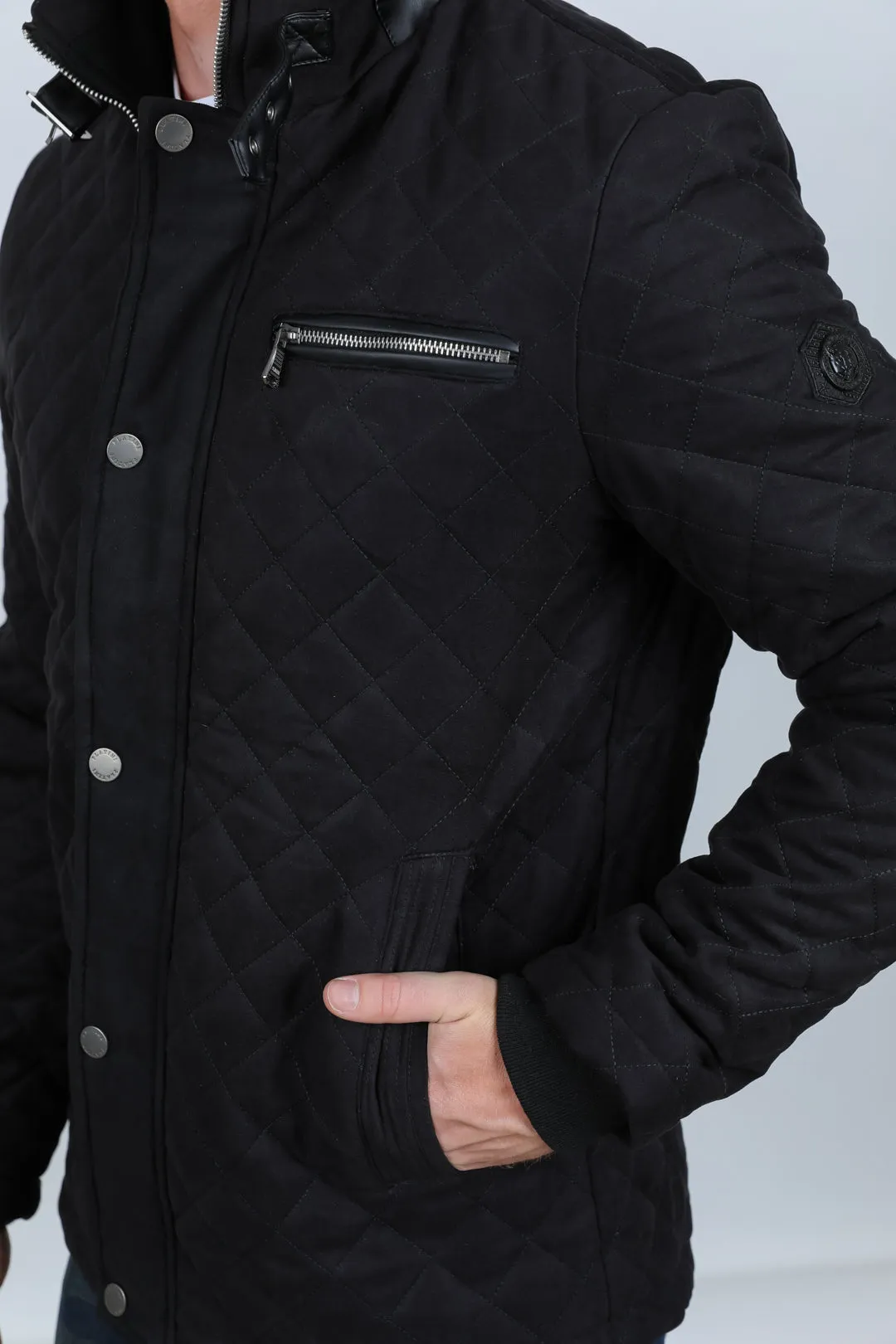 Mens Fur Lined Quilted Faux Suede Coat - Black