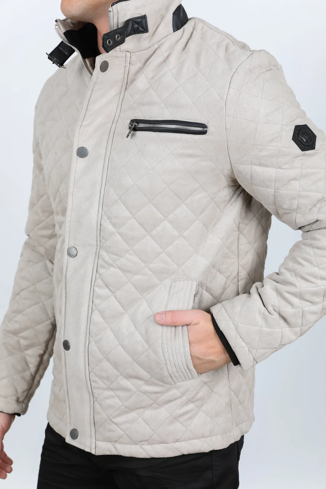 Mens Fur Lined Quilted Faux Suede Coat - Gray