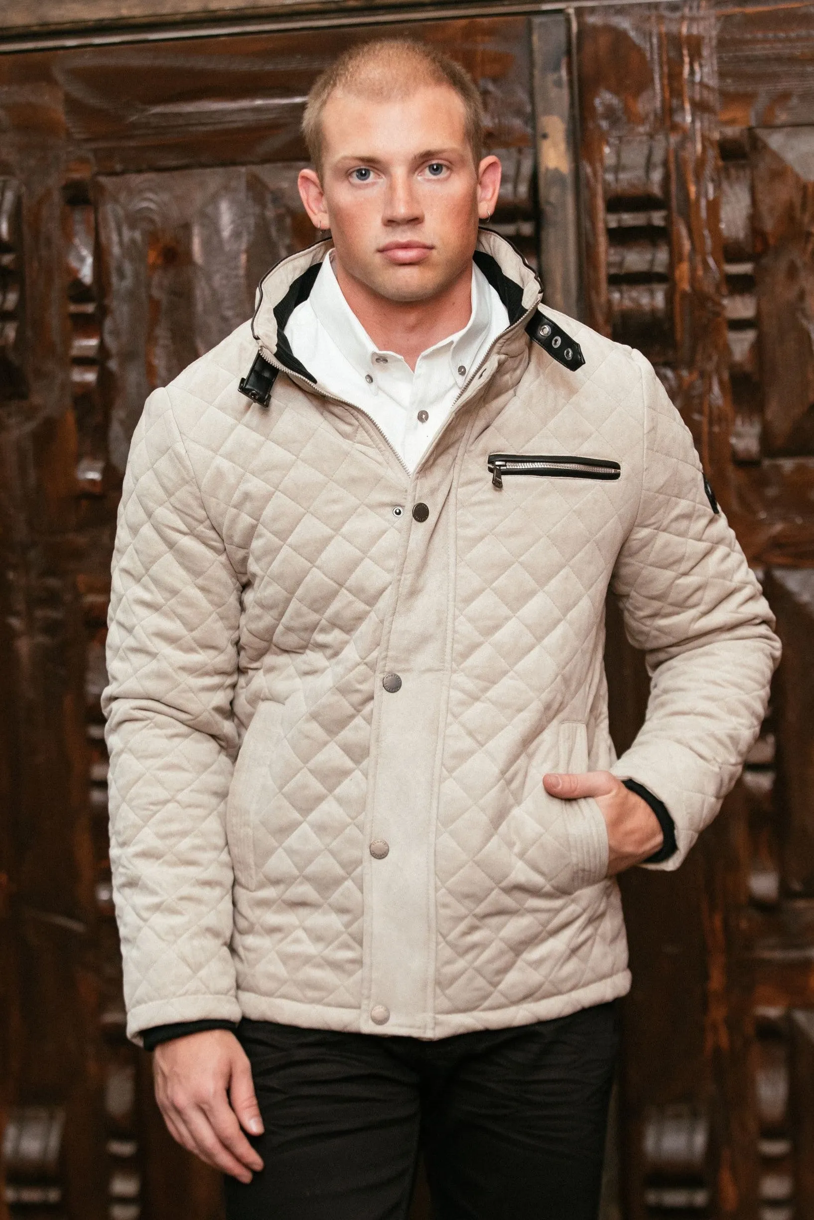 Mens Fur Lined Quilted Faux Suede Coat - Gray