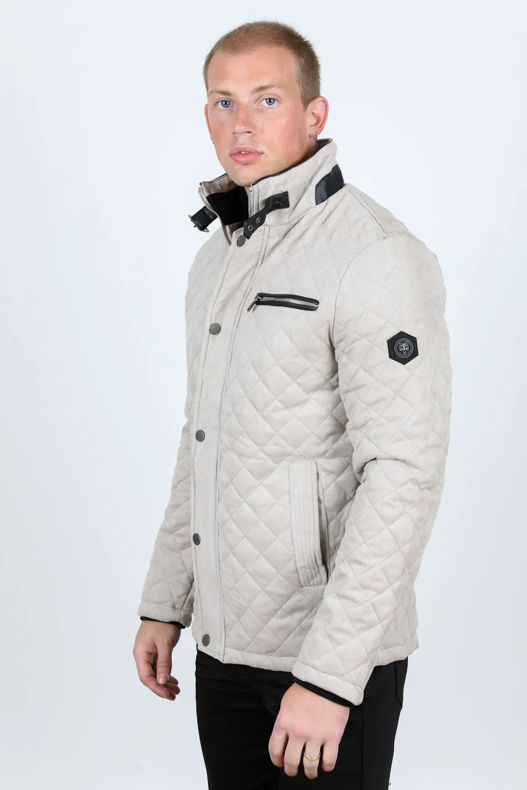 Mens Fur Lined Quilted Faux Suede Coat - Gray