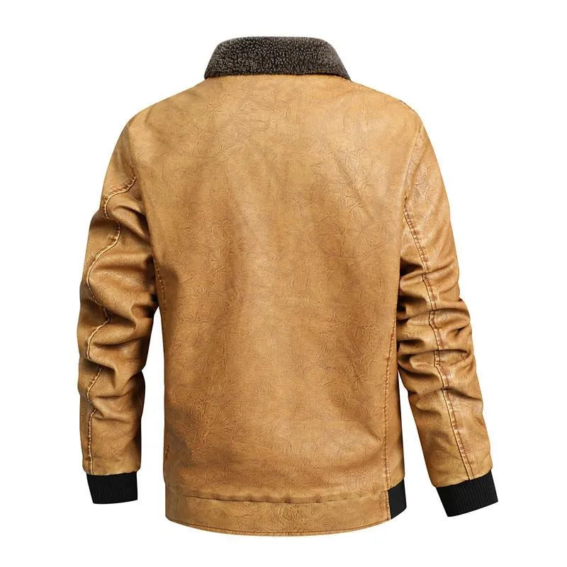 Men's Lapel Collar Fleece Warm Leather Jacket 33447909L